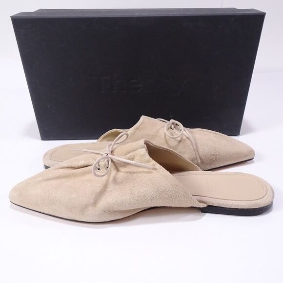 Theory Women's Pleated Mule Flats Sandals in Leather Ecru NIB 398 Sz 37 - Picture 2 of 12